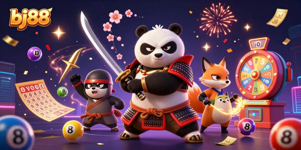 Experience thrilling moments with bj88 as the samurai panda and ninja fox celebrate casino wins with vibrant game elements.