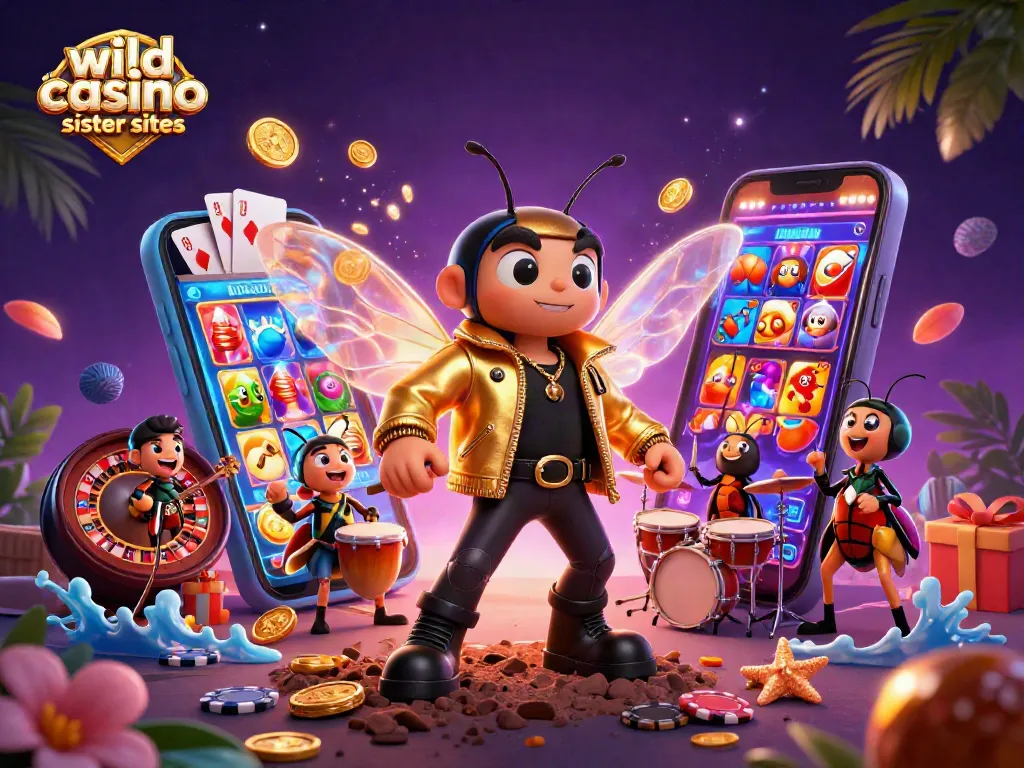 Explore wild casino sister sites with vibrant 3D illustration of casino games and characters.