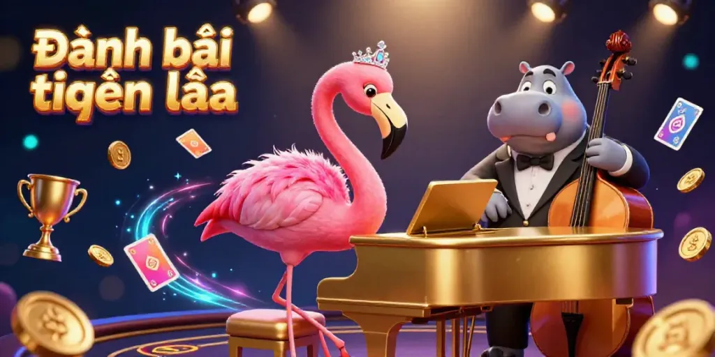 Experience Đánh bài tiến lên with vibrant characters and dynamic casino elements in a lively 3D illustration.