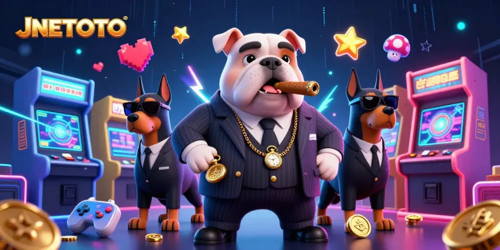 Engage with JNETOTO's thrilling casino experience featuring a mafia bulldog and Doberman bodyguards.