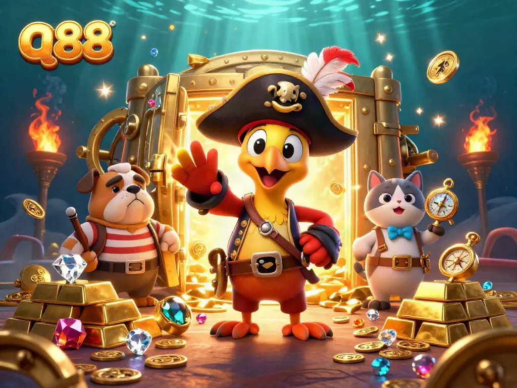 Experience the thrill of winning at q88's dynamic casino with colorful treasures and lively characters.