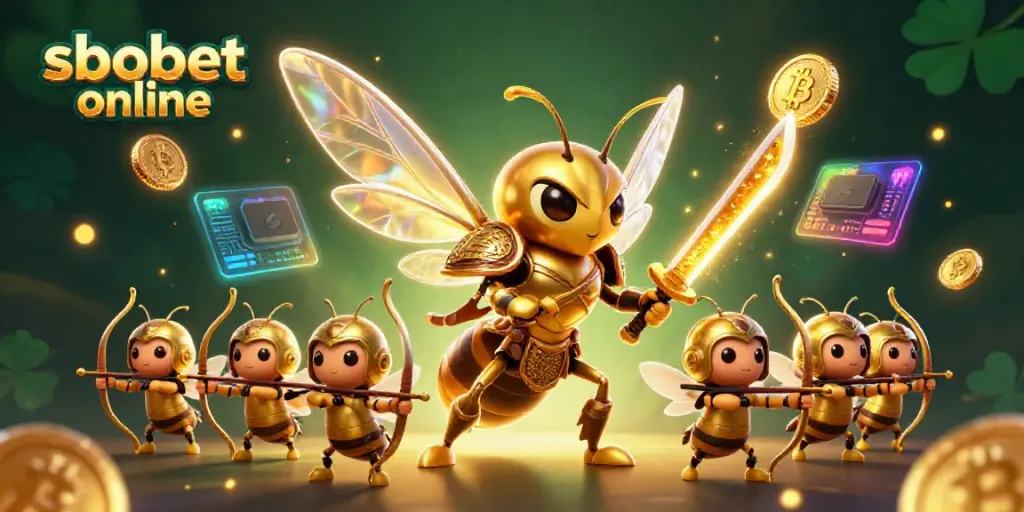 Engage with sbobet online through an exciting scene featuring a giant hornet and bee archers in an action-packed casino environment.