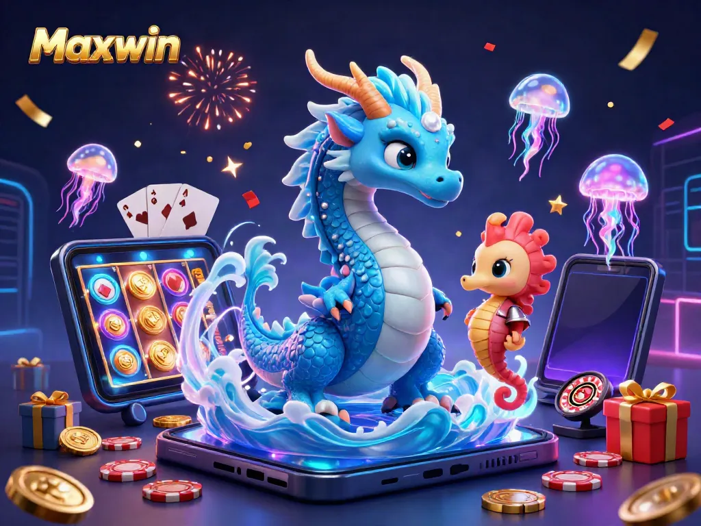 Engage in Maxwin slot gameplay with an azure dragon and seahorse knight amidst vibrant casino elements.
