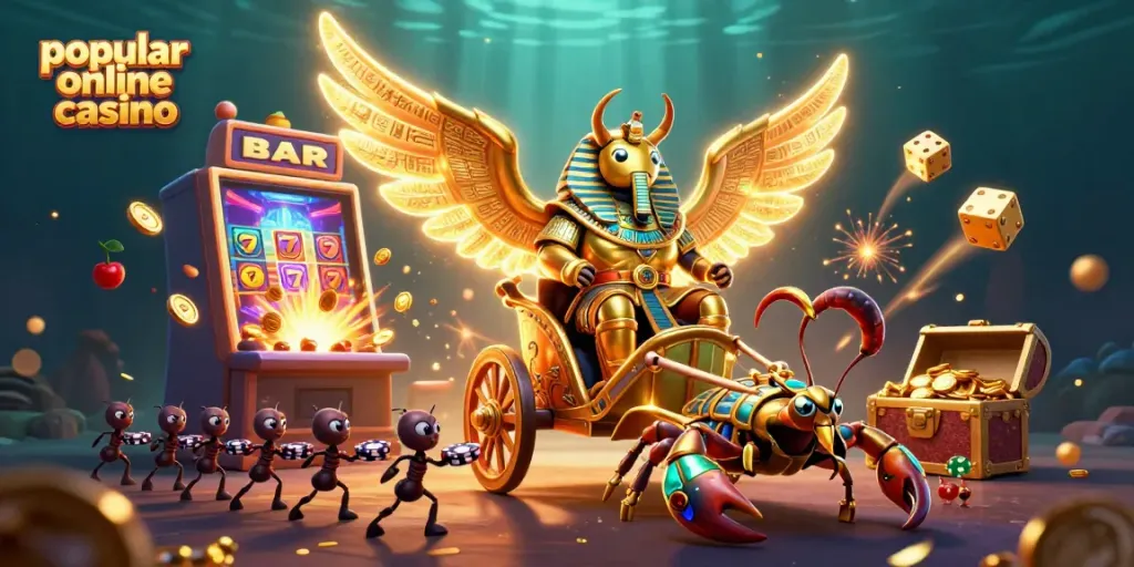 Experience the thrill of a popular online casino with a dynamic 3D scene featuring a golden scarab and slot machine.