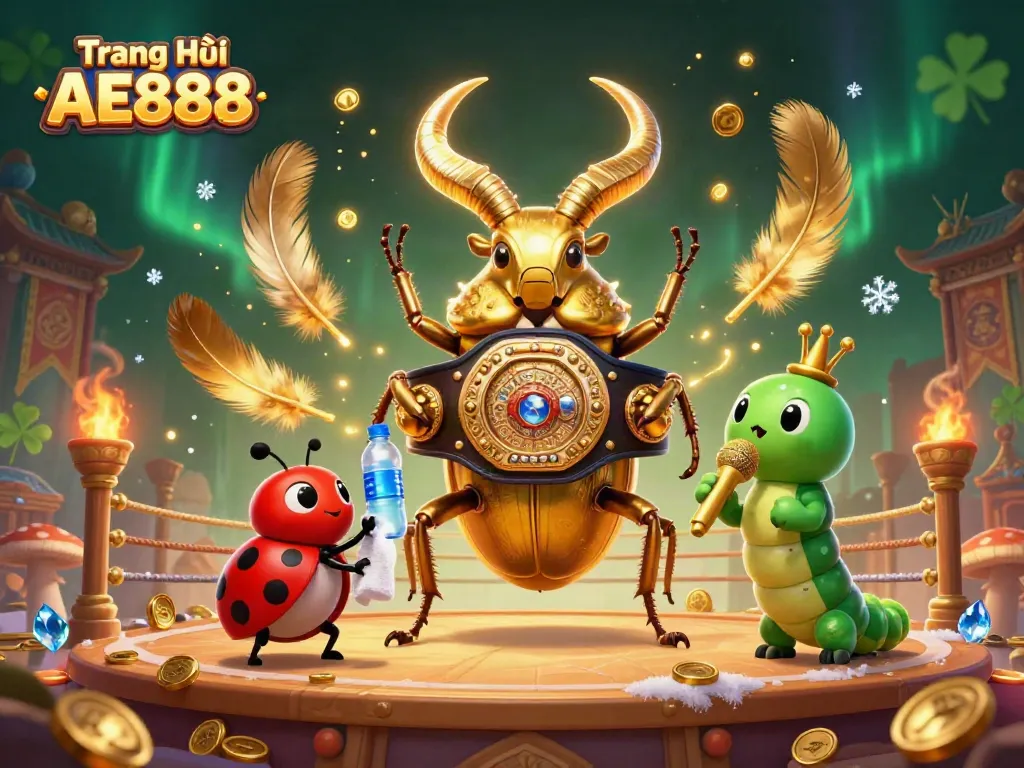 Engage with the exciting Trang Chủ AE888 gaming scene featuring a golden stag beetle in a boxing ring.