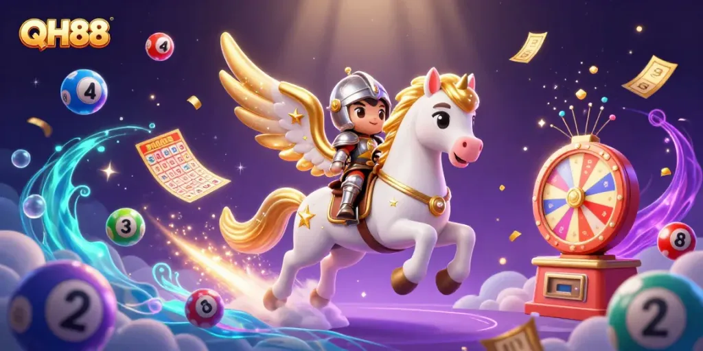 Experience QH88's thrilling lottery excitement through a vibrant 3D cartoon illustration featuring games and characters.