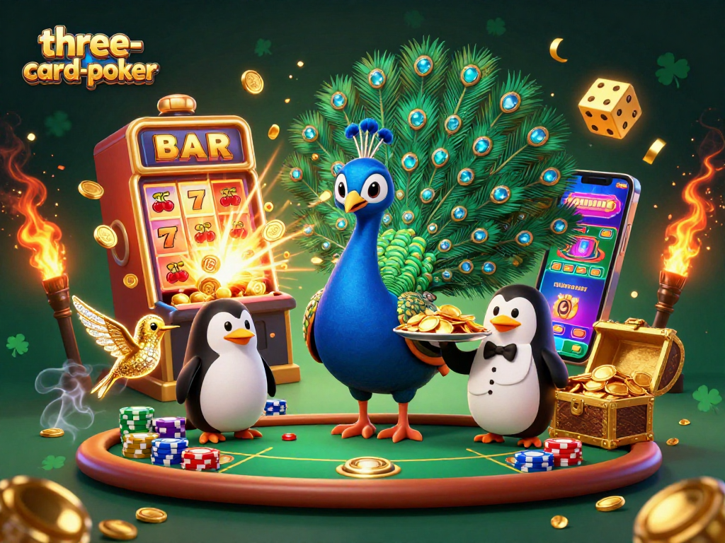 Experience three-card-poker with dynamic characters, vibrant elements, and a rich, engaging casino atmosphere.