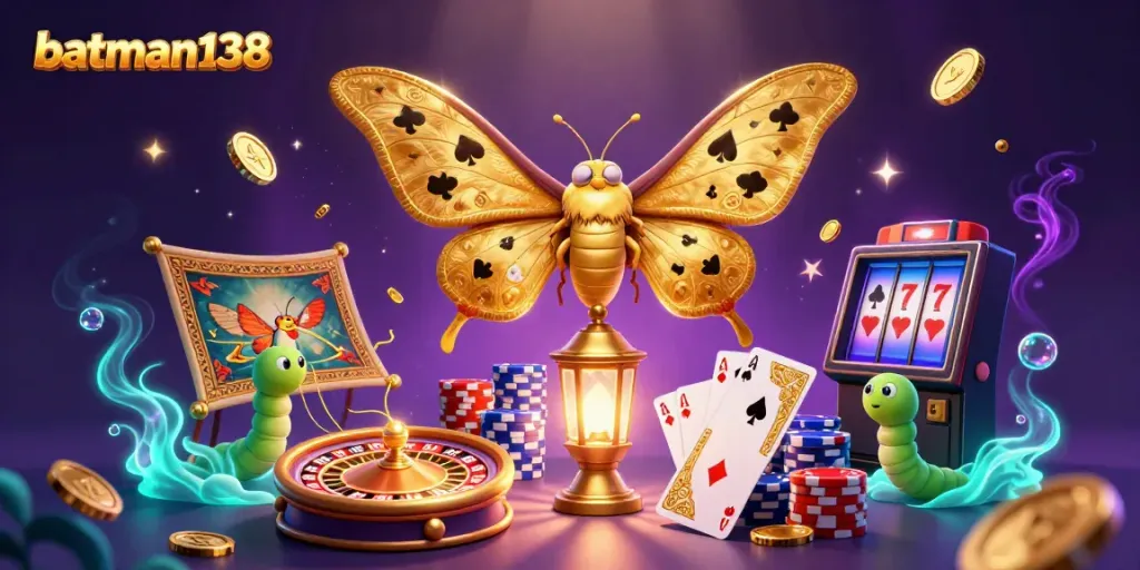 Experience the excitement of batman138 with a vibrant digital casino scene showcasing a 3D moth and stunning gaming elements.
