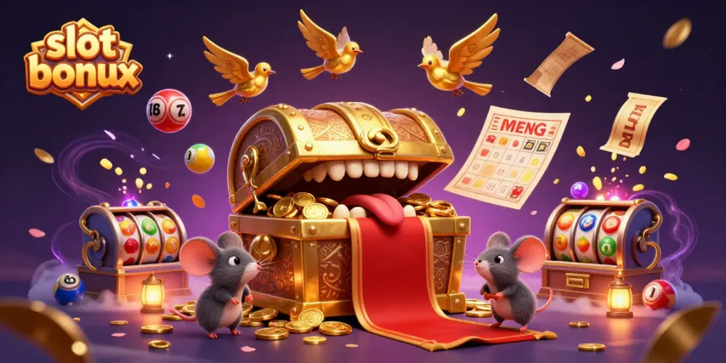 Engage in exciting gameplay with slot bonus while a treasure chest lures adventurer mice surrounded by vibrant casino elements.