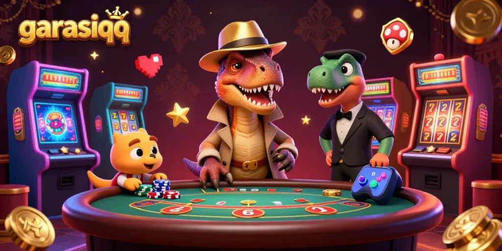 Experience the excitement of garasiqq with a velociraptor card counter at a blackjack table amidst vibrant casino elements.