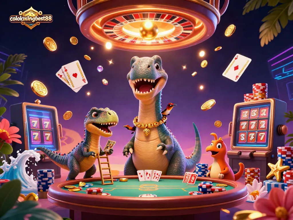 Win big with colokpalingbest88 as the brontosaurus watches the dynamic casino scene unfold, cards and chips flying.