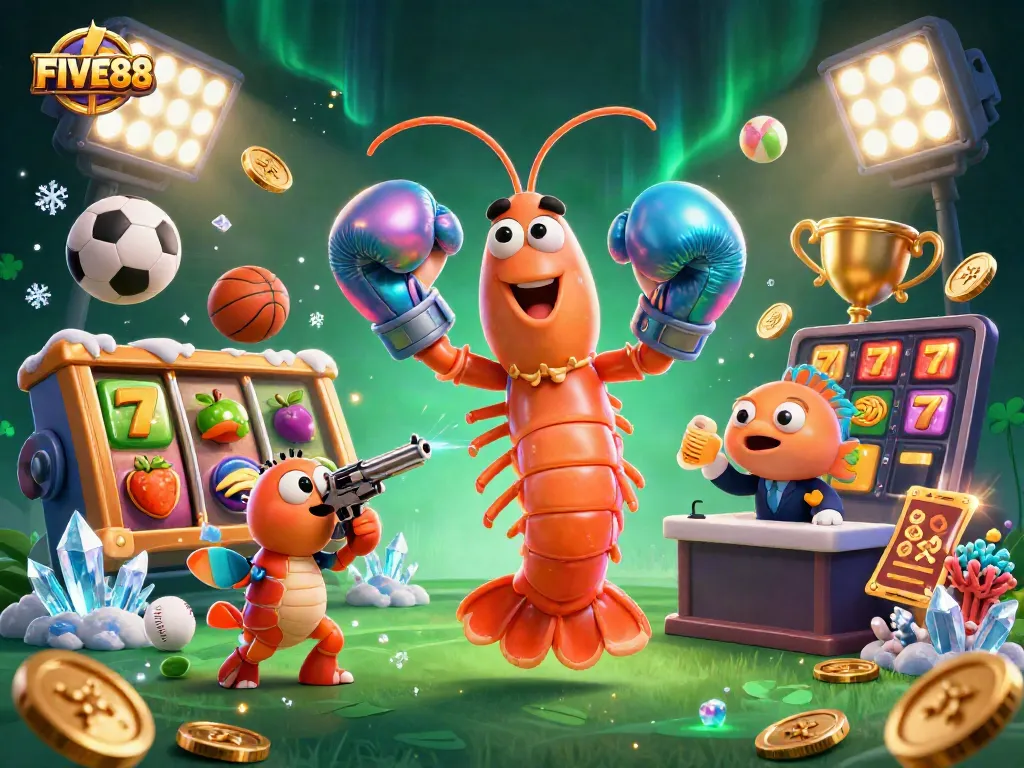 Engage with FIVE88's vibrant online casinos featuring slot reels, trophies, and lively sea creatures.