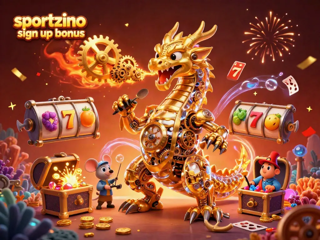 Experience the sportzino sign up bonus with vibrant slot reels and golden dragon in a fantasy casino setting.