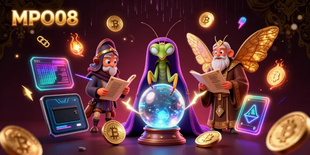 MPO08 features a vibrant 3D illustration with casino elements showcasing a fortune teller and librarian amid floating crypto coins.