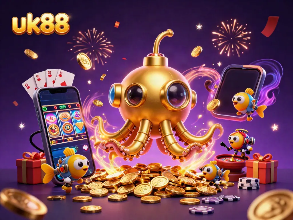 Experience the thrilling world of uk88 with a golden kraken submarine amidst a sea of coins.