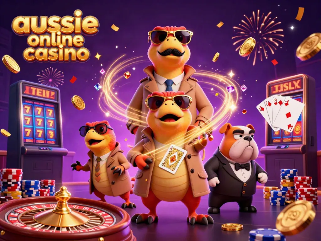 Experience the excitement of an aussie online casino with animated characters interacting in a vibrant VIP lounge.