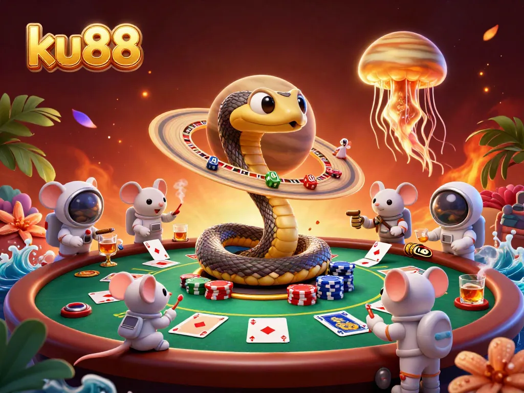 Watch tiny astronaut mice betting on a cosmic roulette wheel in this vibrant ku88 casino scene.
