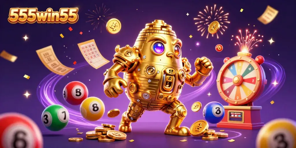 Engage with the energizing scene of 555win55 featuring a golden golem and vibrant lottery elements.