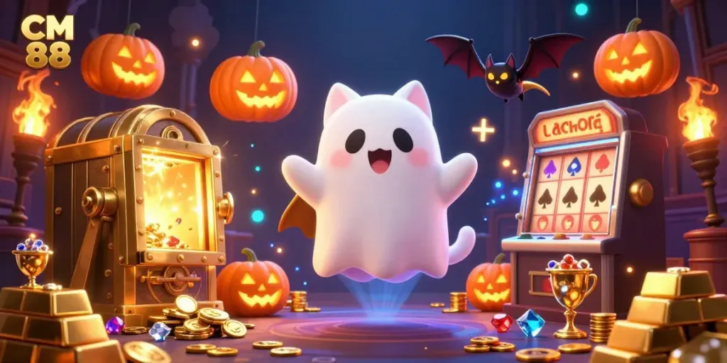 Win big with CM 88's thrilling ghost cat adventure in a haunted casino illustration.