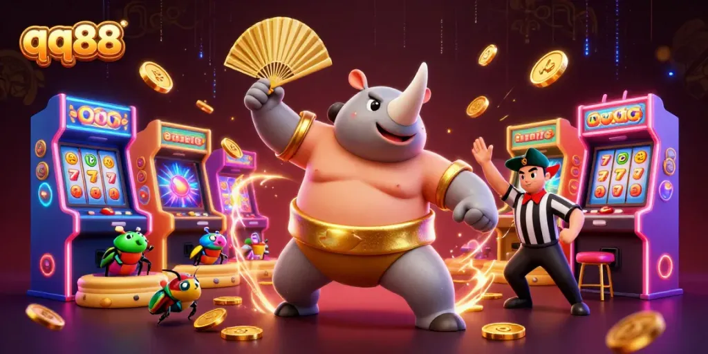 Experience thrilling gameplay with qq88, featuring a vibrant casino scene and action-packed characters.