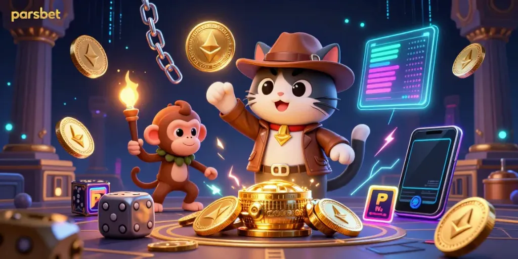 Experience thrilling gaming adventures with parsbet in a vibrant 3D illustration of a cat archaeologist discovering casino treasures.