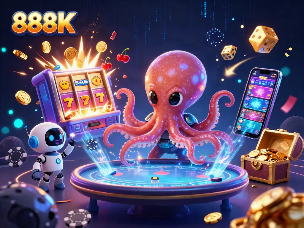 Experience thrilling action at 888K with a vibrant alien octopus and dynamic casino elements.