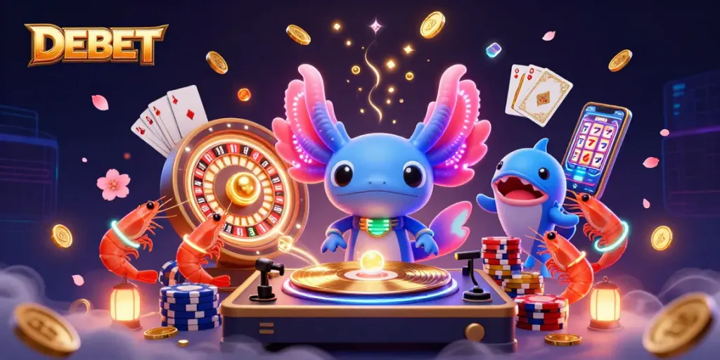 Experience the excitement of DEBET with vibrant casino-themed characters and rich gambling elements.