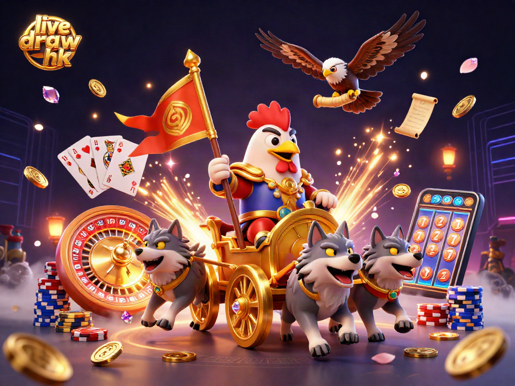 Engage with the live draw hk through a vibrant, animated casino scene featuring a rooster warlord commanding the excitement.