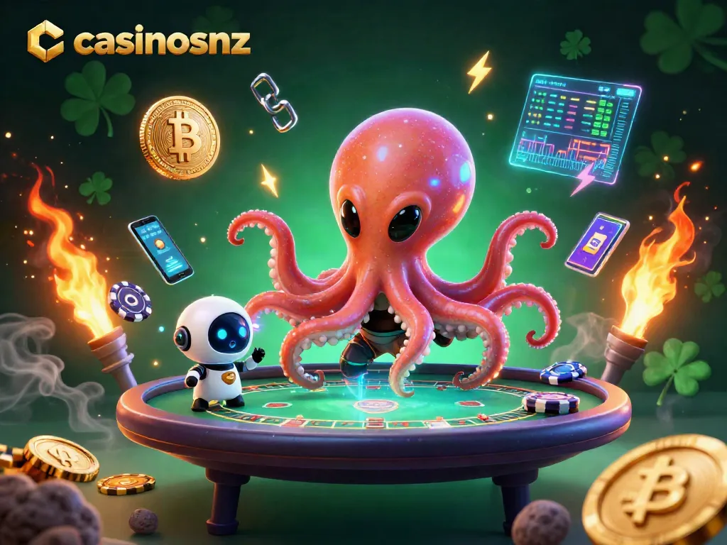 Engage with casinosnz by experiencing an alien-themed poker game illustration bustling with vibrant elements.