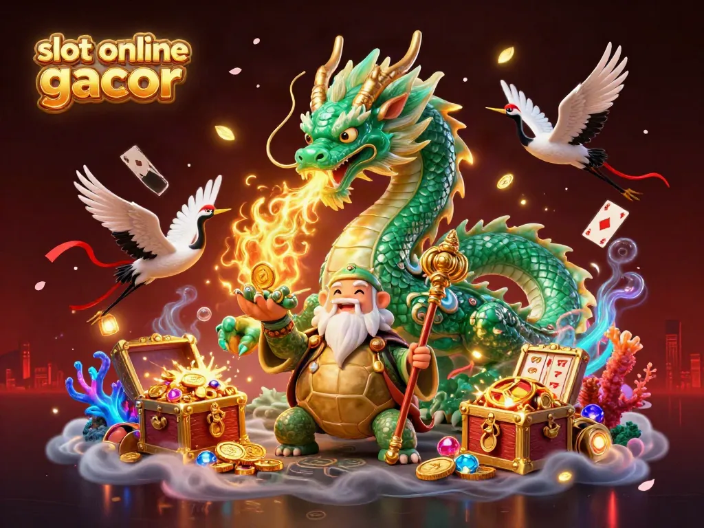 Experience winning moments with slot online gacor as a dragon, turtle, and cranes illuminate the gaming scene.