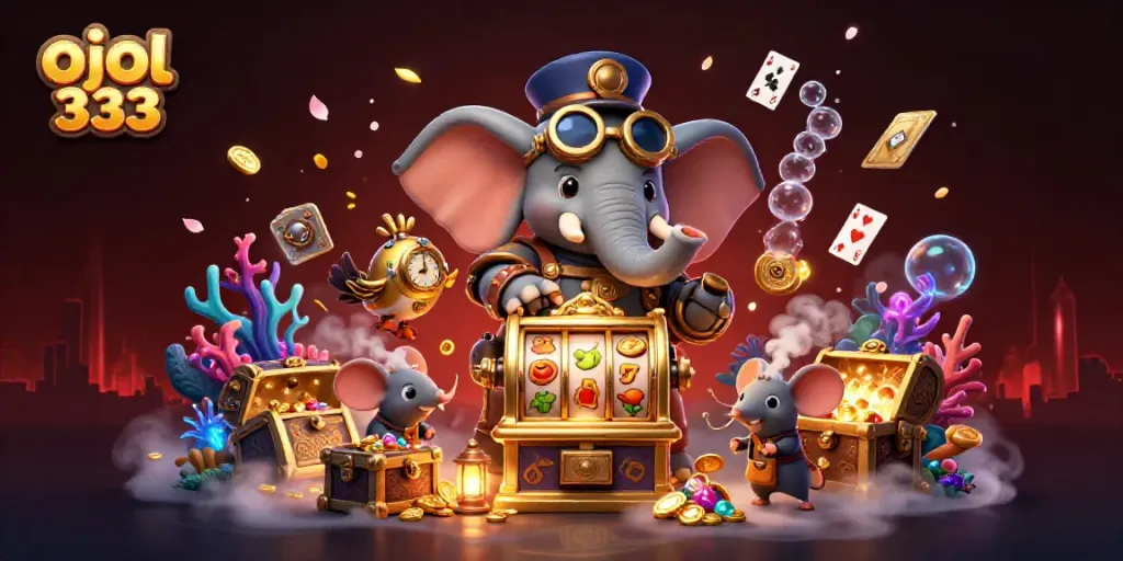 Spin the golden slot machine in the vibrant 3D world of ojol 333, bursting with treasures and engaging gameplay elements.