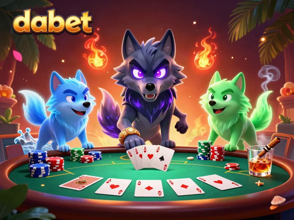 Experience thrilling poker action with dabet's 3D wolves at the table, showcasing vibrant casino elements.