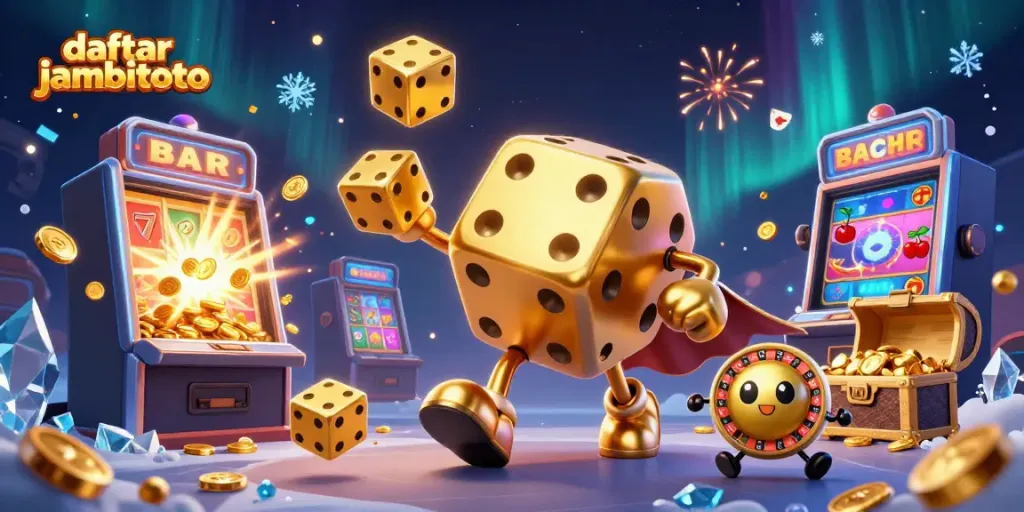 Engage in exciting games with daftar jambitoto as a golden dice golem juggles in a vibrant casino scene.