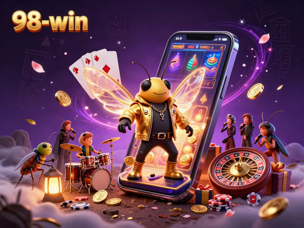 Experience 98-win action with a vibrant scene of a cicada rock star and game elements that enhance the thrill of gambling.