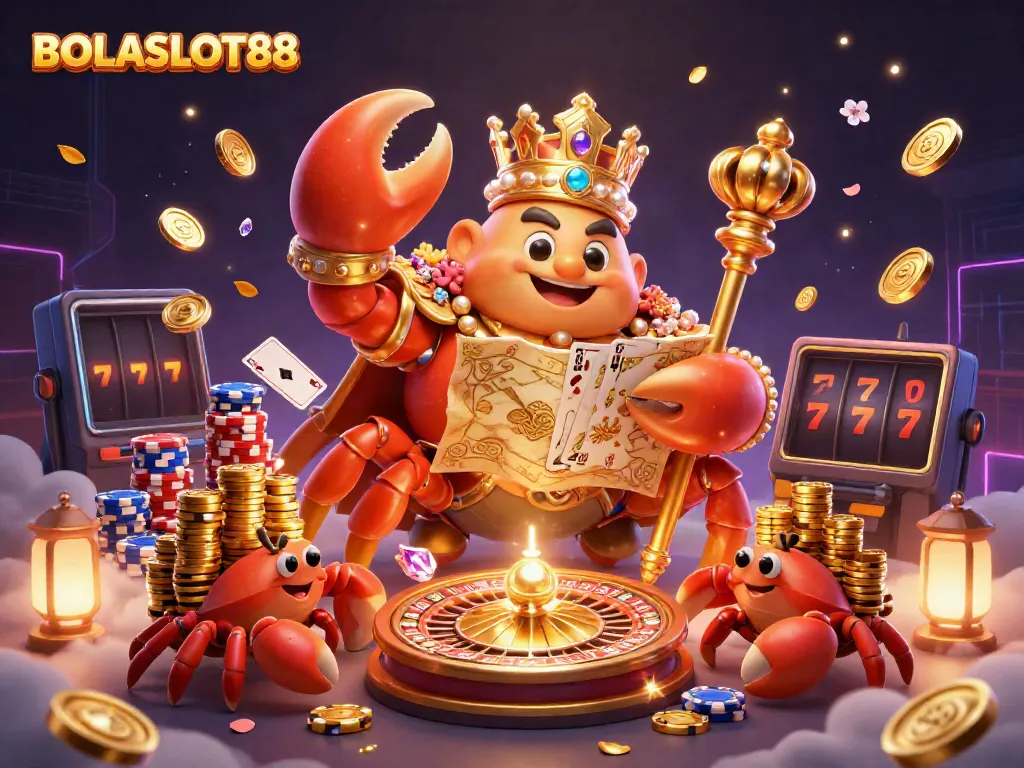 BOLASLOT88 showcases an emperor crab with treasure elements amidst a dazzling casino scene.