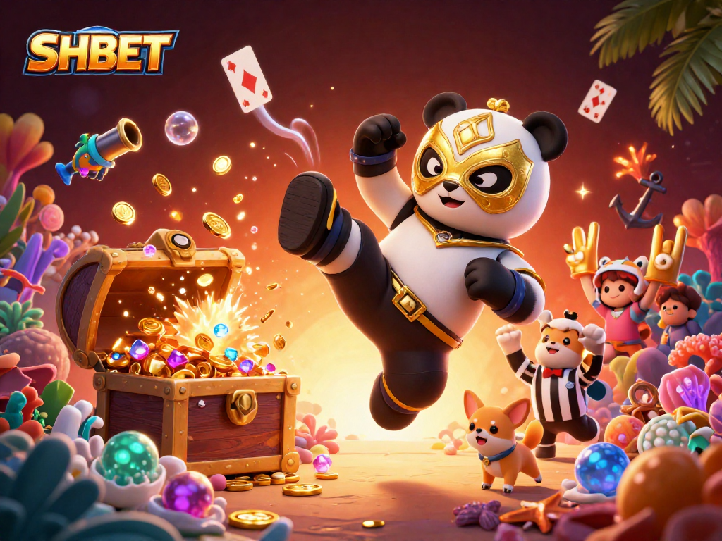 SHBET's exciting gaming action with a wrestling panda amidst colorful underwater treasures and lively spectators.