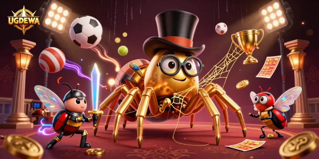 Experience UGDEWA with thrilling games as a giant tarantula weaves a golden web in a vibrant casino setting.