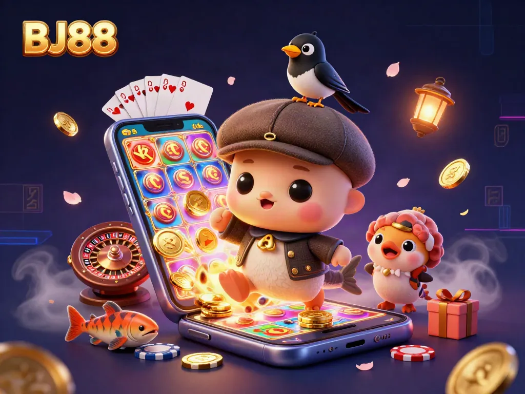BJ88 features a playful Nessie with jackpot elements showcasing vibrant casino activity.
