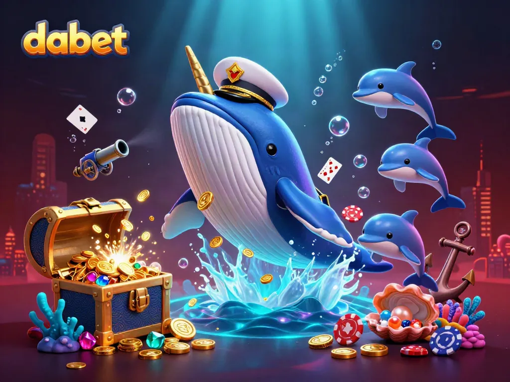 Experience thrilling action at dabet with a whale, narwhal, and dolphins in an underwater treasure scene.