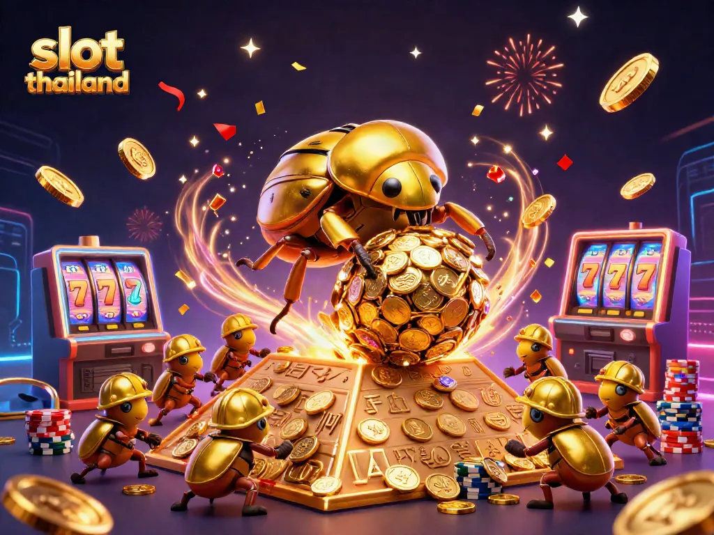 Spin and win with slot thailand's vibrant 3D casino illustration, showcasing golden coins and lucky symbols.