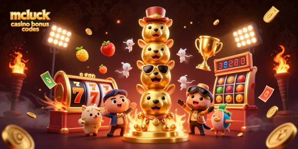 Mcluck casino bonus codes illustration featuring a dynamic scene with a golden totem and vibrant slot elements.