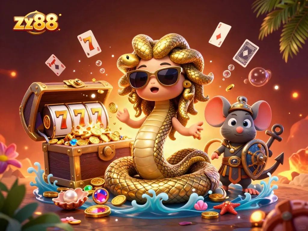 Experience thrilling slots action with zx88 featuring a friendly Medusa and warrior mouse amidst exploding treasure.