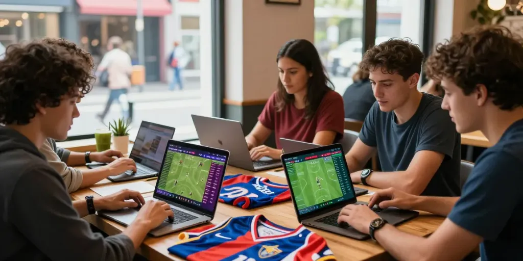 Exciting group engaging with WWBOLA sports betting platform in vibrant coffee shop.