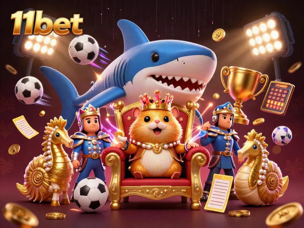 Engage with 11bet's vibrant, action-packed casino scene featuring a golden hamster king and sports elements.