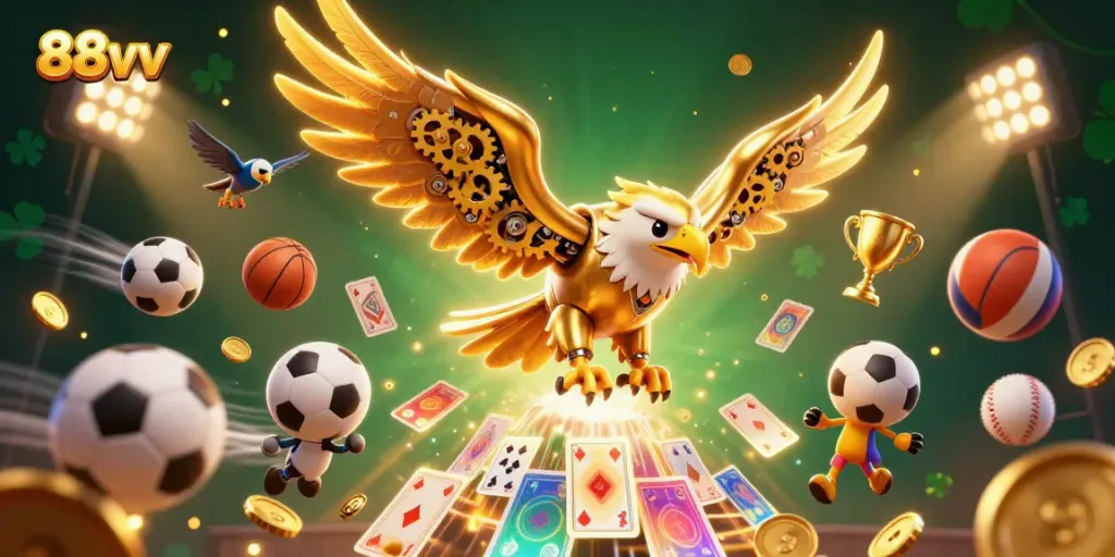 Experience the thrill of 88vv gaming with a golden eagle diving amidst dynamic sports elements.