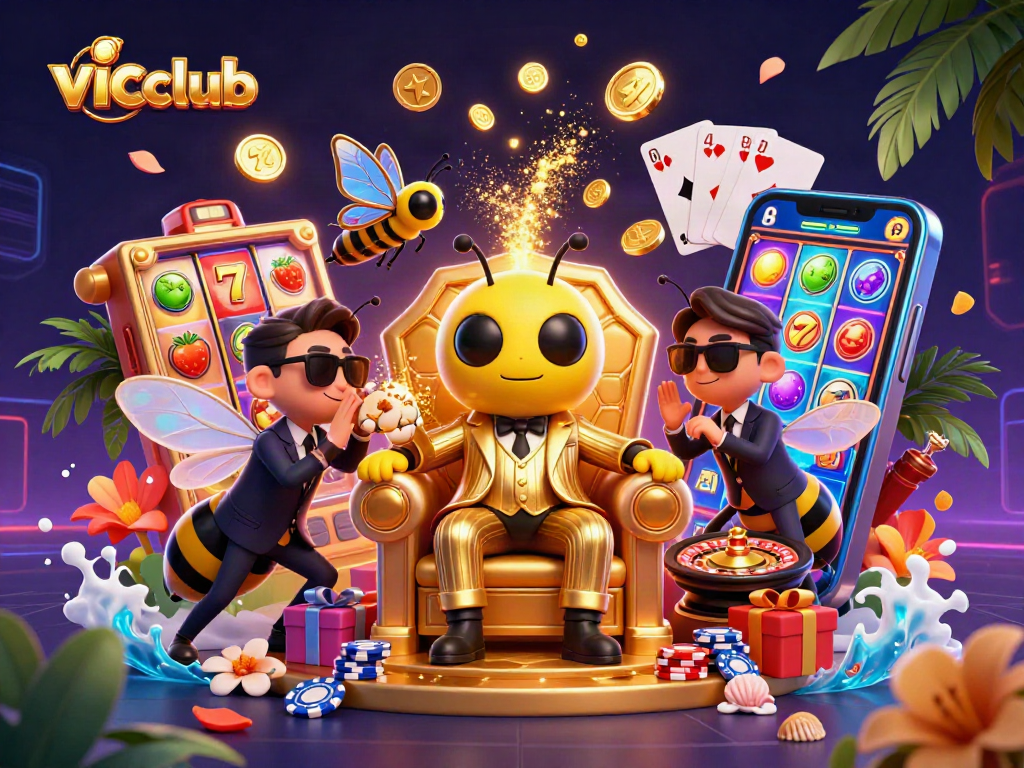 Engage with vicclub's thrilling slot games through an animated 3D illustration packed with excitement.
