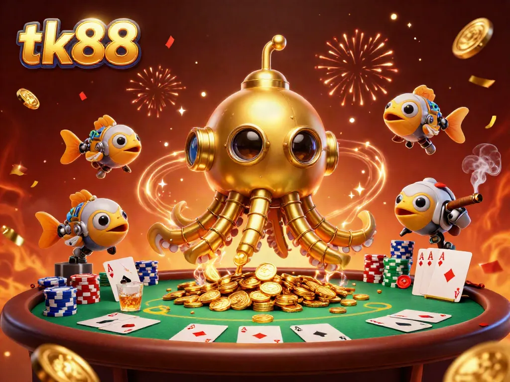 Experience exciting tk88 gameplay with a golden kraken submarine and poker details.