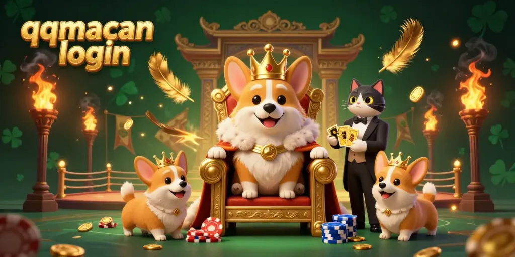 Engaging scene showcasing qqmacan login with a royal corgi and cat butler amid vibrant casino elements.