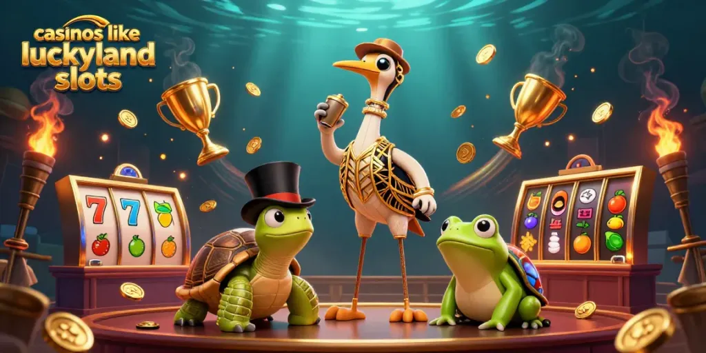 Experience excitement at casinos like LuckyLand Slots with colorful slot machines and fun characters.