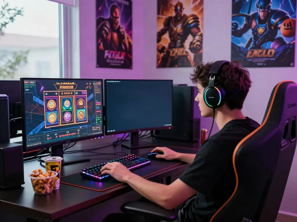 Exciting online gaming setup showcasing akunjp slot games with vibrant RGB lighting.